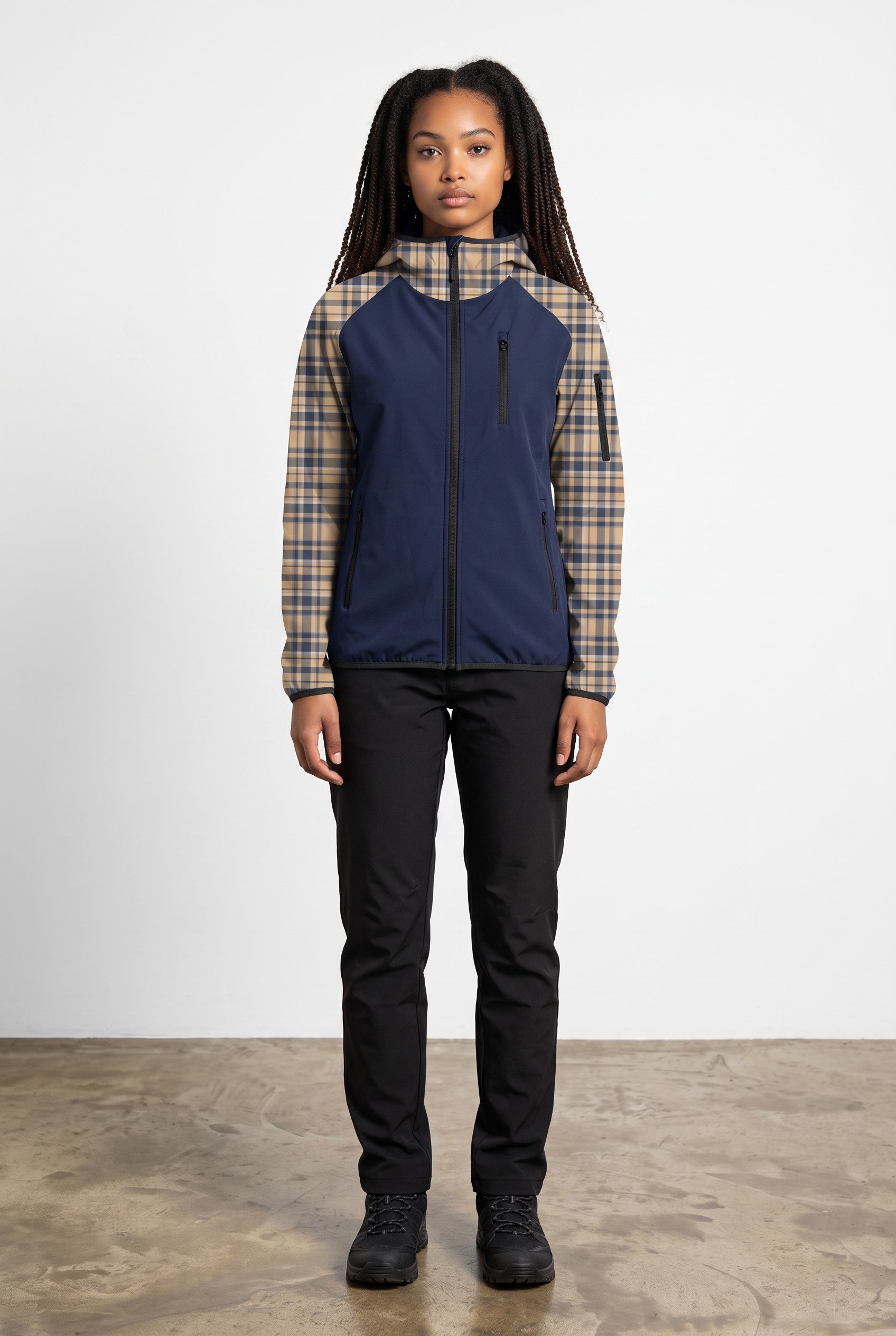 Intrudair® Female Softshell Jacket Tartan Beige [Hood]