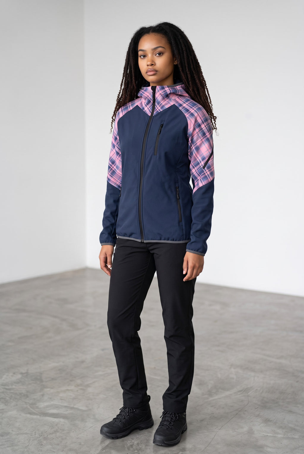 Intrudair® Female Softshell Jacket Tartan Pink/Dark Blue [Hood]