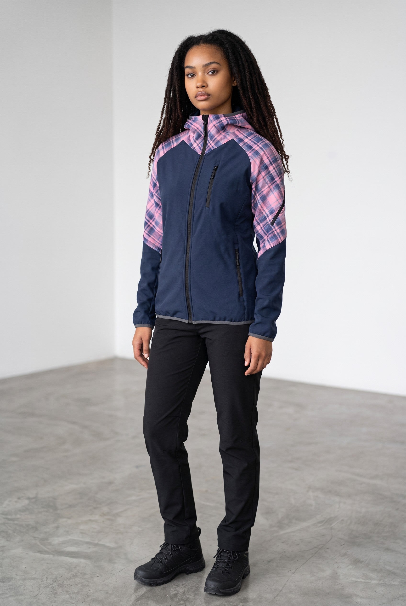 Intrudair® Female Softshell Jacket Tartan Pink/Dark Blue [Hood]