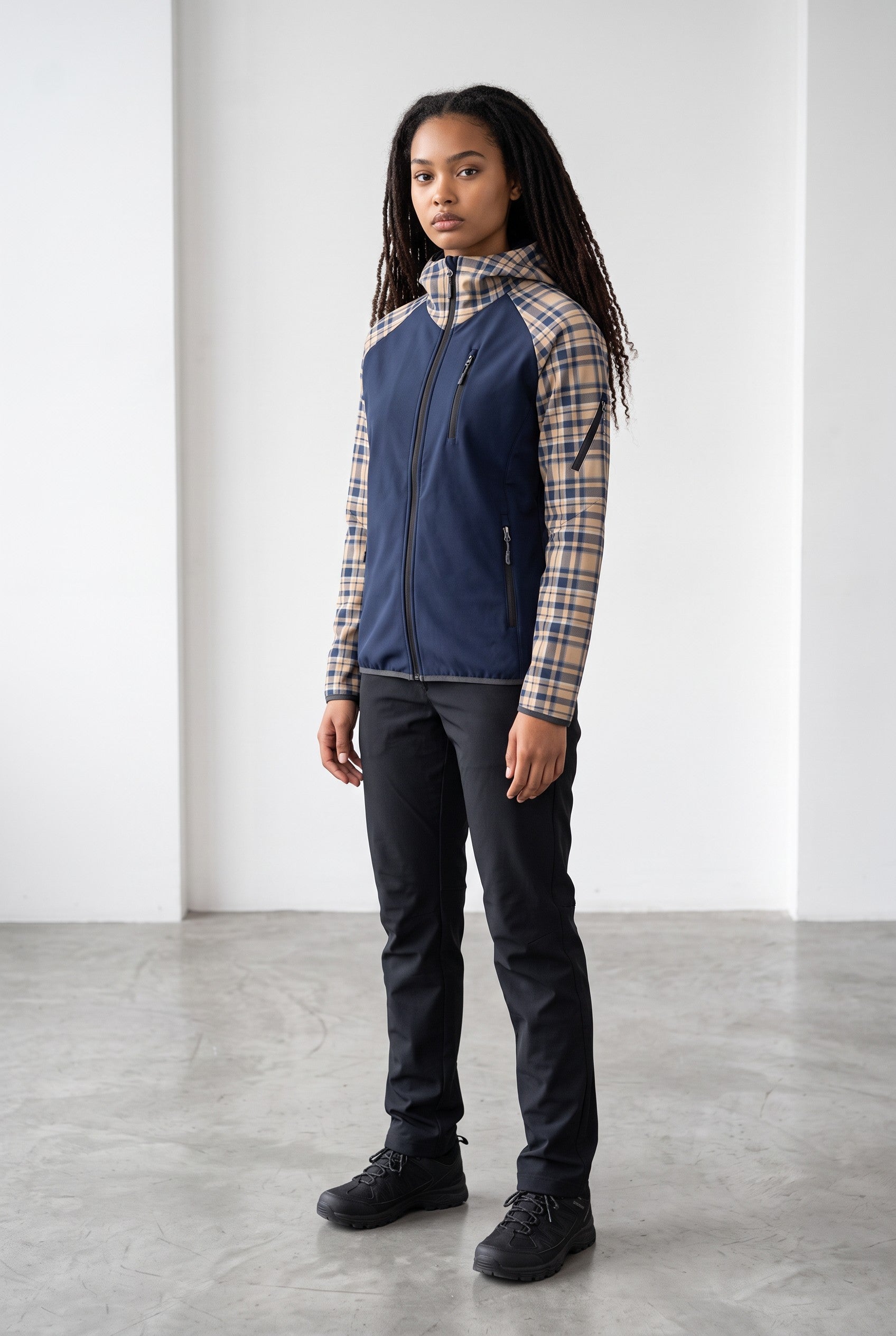 Intrudair® Female Softshell Jacket Tartan Beige [Hood]