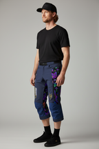 Intrudair navy blue summer swoop pants with colorful cat and mushroom print side panels, size L.