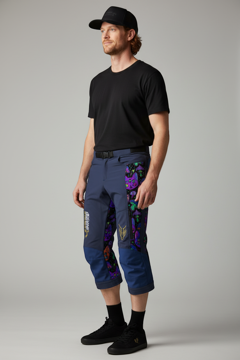 Intrudair navy blue summer swoop pants with colorful cat and mushroom print side panels, size L.