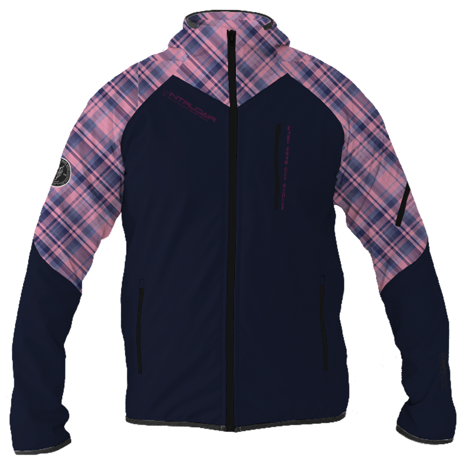 Intrudair® Female Softshell Jacket Tartan Pink/Dark Blue [Hood]